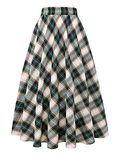 IDEALSANXUN Damen Plaid Rock Elastische Taille A-Linie Midi Faltenröcke, Grün 01, 3X-Groß von IDEALSANXUN