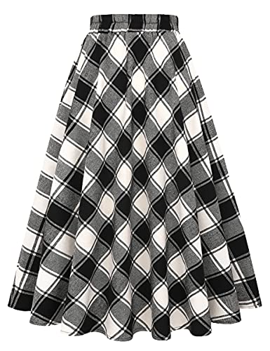 IDEALSANXUN Damen Plaid Rock Elastische Taille A-Linie Midi Faltenröcke, Plaid Black&white, Groß von IDEALSANXUN