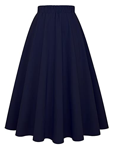 IDEALSANXUN Damen Plaid Rock Elastische Taille A-Linie Midi Faltenröcke, Pure Navy, X-Groß von IDEALSANXUN