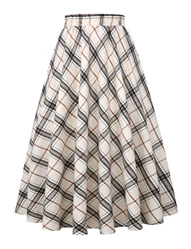 IDEALSANXUN Damen Plaid Rock Elastische Taille A-Linie Midi Faltenröcke - Beige - Klein von IDEALSANXUN