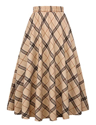 IDEALSANXUN Damen Plaid Rock Elastische Taille A-Linie Midi Faltenröcke - - Groß von IDEALSANXUN