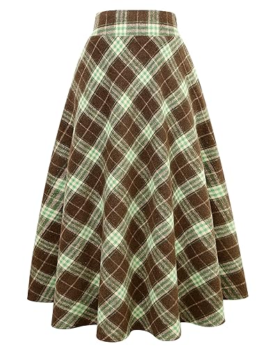 IDEALSANXUN Damen Plaid Wolle Röcke Elastische Taille A-Linie Plissee Tartan Lange Röcke, Grün/Braun, Klein von IDEALSANXUN