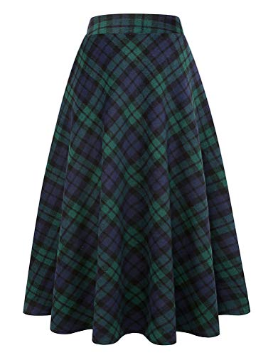 IDEALSANXUN Damen Plaid Wolle Röcke Elastische Taille A-Linie Plissee Tartan Lange Röcke, Grün 1901, Mittel von IDEALSANXUN