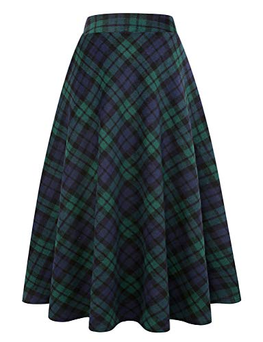 IDEALSANXUN Damen Plaid Wolle Röcke Elastische Taille A-Linie Plissee Tartan Lange Röcke, Grün 1901, X-Groß von IDEALSANXUN