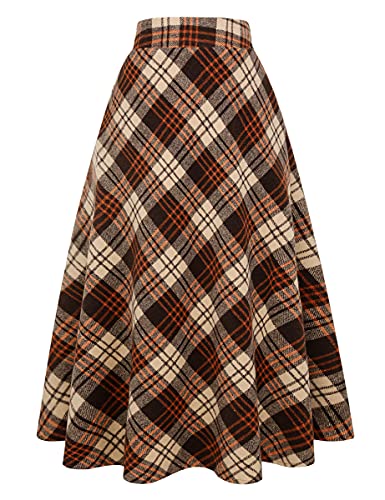 IDEALSANXUN Damen-Röcke aus Wolle, kariert, elastische Taille, A-Linie, plissiert, Tartan, langer Rock, Braun / Orange, X-Groß von IDEALSANXUN