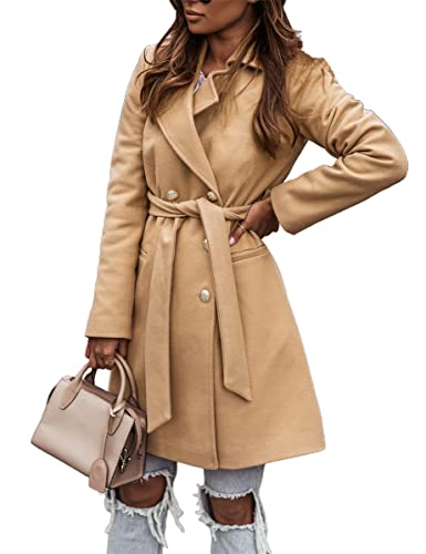 IDEALSANXUN Damen Wollmantel Herbst Winter Zweireihiger Trenchcoat mit Gürtel, Khaki, XS von IDEALSANXUN