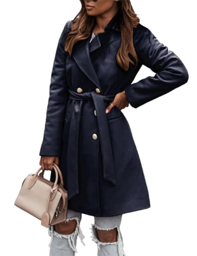 IDEALSANXUN Damen Wollmantel Herbst Winter Zweireihiger Trenchcoat mit Gürtel, Marineblau, Medium von IDEALSANXUN