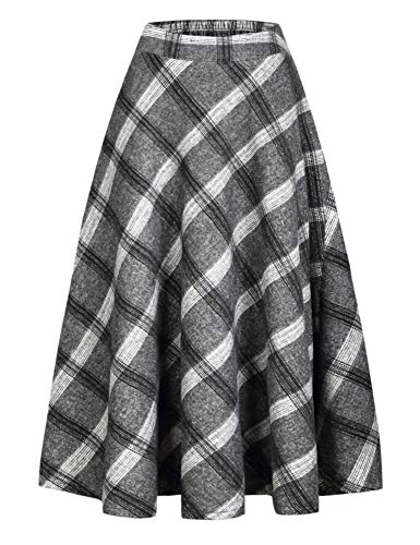 IDEALSANXUN Damen s hohe elastische Taillen-Maxi-Rock-A-Linie Plaid Winter warme Flare langer Rock Mittel lang Grau von IDEALSANXUN