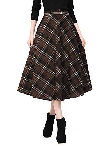 IDEALSANXUN Damen s hohe elastische Taillen-Maxi-Rock-A-Linie Plaid Winter warme Flare langer Rock X-Large Waden Kaffee von IDEALSANXUN