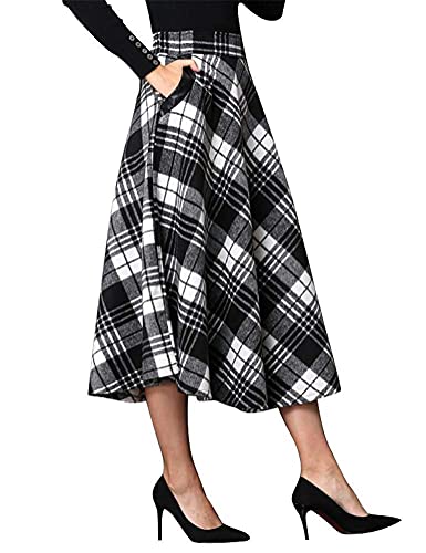 IDEALSANXUN Damen s hohe elastische Taillen-Maxi-Rock-A-Linie Plaid Winter warme Flare langer Rock XX-Large Wadenschwarzweiß von IDEALSANXUN