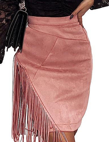 IDEALSANXUN Fransen Wildleder Rock für Frauen Hohe Taille Herbst Winter Quaste Kurzer Minirock 2023, Pink, Klein von IDEALSANXUN