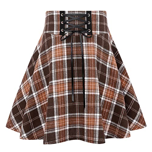 IDEALSANXUN Gothic Plaid Mini Röcke für Damen Kurze Hohe Taille Plaid Röcke, Plaid Braun Neu, Klein von IDEALSANXUN