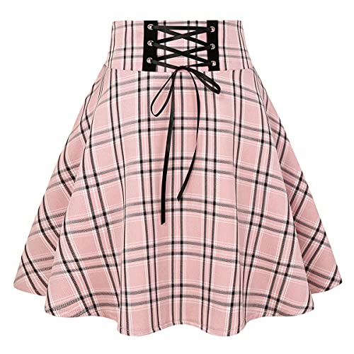 IDEALSANXUN Gothic Plaid Minirock für Damen, Kawaii Aline, plissiert, kurzer Skaterrock, Plaid Pink, Mittel von IDEALSANXUN