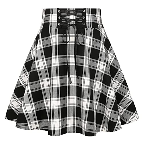 IDEALSANXUN Gothic Plaid Minirock für Damen, Kawaii Aline, plissiert, kurzer Skaterrock - Schwarz - Groß von IDEALSANXUN