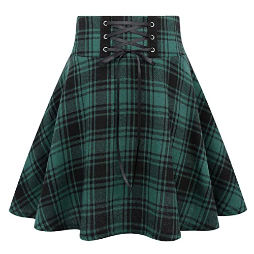 IDEALSANXUN Gothic Plaid Minirock für Damen, kurze Hohe Taille, karierter Rock, Plaid Green 02, Klein von IDEALSANXUN