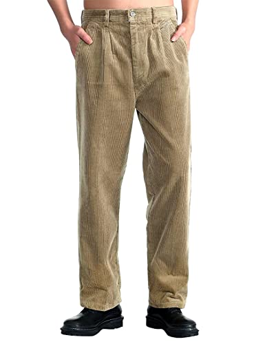 IDEALSANXUN Herrenhose aus Cord, plissiert, gerades Bein, dick, lockere Hose, khaki, 36W / 30L von IDEALSANXUN