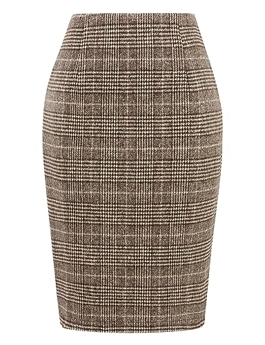 IDEALSANXUN Midi Plaid Röcke für Frauen 2023 Herbst Winter Knielänge Bleistift Wolle Rock mit Schlitz, Gitter Kaffee, X-Groß von IDEALSANXUN