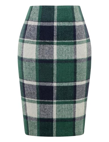 IDEALSANXUN Midi Plaid Röcke für Frauen 2023 Herbst Winter Knielänge Bleistift Wolle Rock mit Schlitz, Grün 02, 3X-Groß von IDEALSANXUN