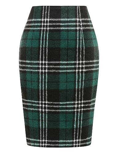 IDEALSANXUN Midi Plaid Röcke für Frauen 2023 Herbst Winter Knielänge Bleistift Wolle Rock mit Schlitz, Grün 1, 3X-Groß von IDEALSANXUN