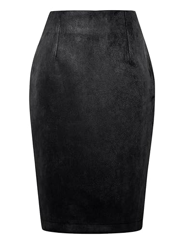 IDEALSANXUN Midi Plaid Röcke für Frauen 2023 Herbst Winter Knielänge Bleistift Wolle Rock mit Schlitz, Schwarzes Wildleder, XX-Large von IDEALSANXUN