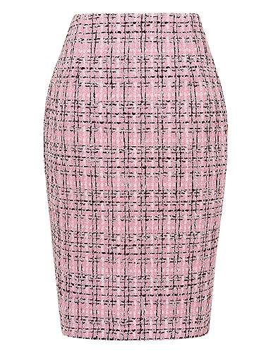 IDEALSANXUN Midi Plaid Röcke für Frauen 2023 Herbst Winter Knielänge Bleistift Wolle Rock mit Schlitz, Tweed Pink Neu, Mittel von IDEALSANXUN