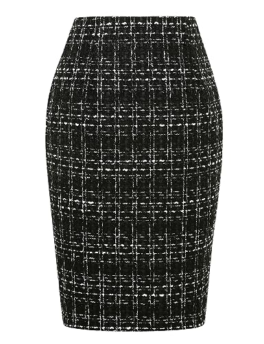 IDEALSANXUN Midi Plaid Röcke für Frauen 2023 Herbst Winter Knielänge Bleistift Wolle Rock mit Schlitz, Tweed Schwarz, Klein von IDEALSANXUN