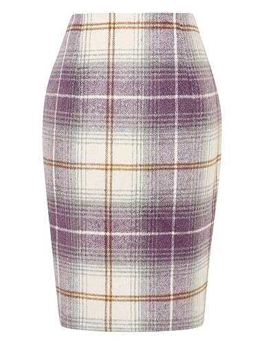 IDEALSANXUN Midi Plaid Röcke für Frauen 2023 Herbst Winter Knielänge Bleistift Wolle Rock mit Schlitz, Violett, XX-Large von IDEALSANXUN
