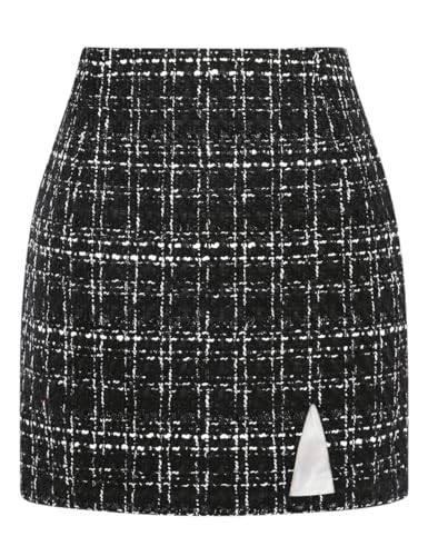 Plaid Mini Röcke für Damen Hohe Taille Herbst Winter Wolle Bodycon Bleistiftröcke mit Schlitz, Tweed Schwarz, X-Groß von IDEALSANXUN