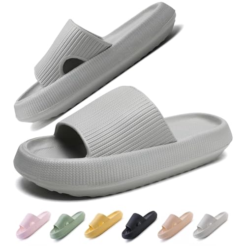 IDEINER Badeschuhe Damen Herren Hausschuhe Cozislides Original Slippers Wolken Pantoletten Rutschfest Weicher Super Dicker Sohle Badelatschen Cloudyzz Sommer Sandalen Pillow Slides Grau Gr. 36/37 von IDEINER