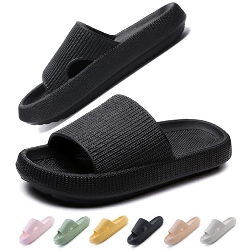 IDEINER Badeschuhe Damen Herren Hausschuhe Cozislides Original Slippers Wolken Pantoletten Rutschfest Weicher Super Dicker Sohle Badelatschen Cloudyzz Sommer Sandalen Pillow Slides Schwarz Gr. 44/45 von IDEINER