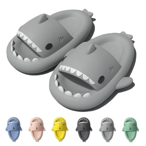 IDEINER Hai Hausschuhe für Damen Herren Cloud Shark Slides Slippers Weich Rutschfest Badeschuhe Sommer Süß Haifisch Strand Sandalen Open Toe Niedliche Fisch Pantoletten Unisex Grau Gr. EU 42/43 von IDEINER