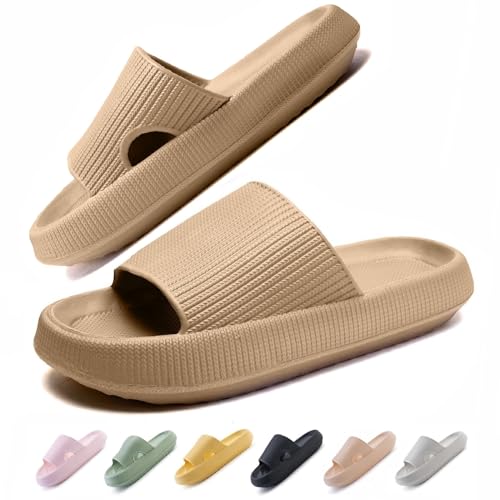 IDEINER Badeschuhe Damen Herren Hausschuhe Cozislides Original Slippers Wolken Pantoletten Rutschfest Weicher Super Dicker Sohle Badelatschen Cloudyzz Sommer Sandalen Pillow Slides khaki Gr. 36/37 von IDEINER