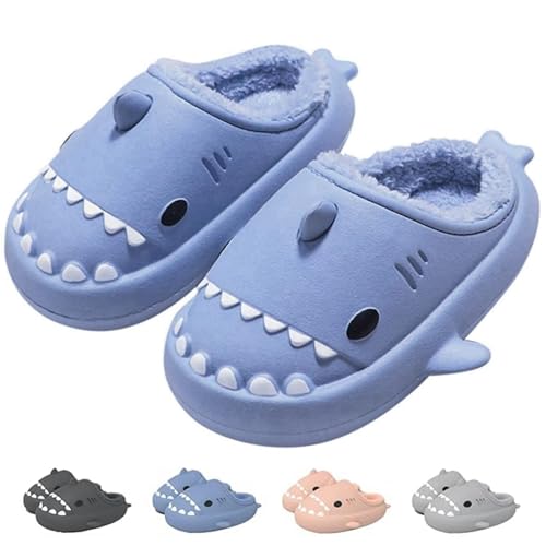 IDEINER Winter Hai Hausschuhe Damen Herren Plüsch Gefüttert Hai Pantoffeln Warm Geschlossen Shark Slides Wasserdichte Rutschfeste Weiche Dicke Sohle Süße Hai-Schuhe Blau Gr. EU 42/43 von IDEINER