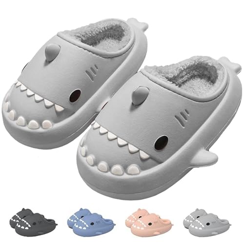 IDEINER Winter Hai Hausschuhe Damen Herren Plüsch Gefüttert Hai Pantoffeln Warm Geschlossen Shark Slides Wasserdichte Rutschfeste Weiche Dicke Sohle Süße Hai-Schuhe Grau Gr. EU 36/37 von IDEINER