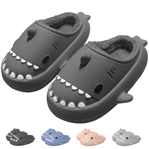 IDEINER Winter Hai Hausschuhe Damen Herren Plüsch Gefüttert Hai Pantoffeln Warm Geschlossen Shark Slides Wasserdichte Rutschfeste Weiche Dicke Sohle Süße Hai-Schuhe Schwarz Gr. EU 42/43 von IDEINER