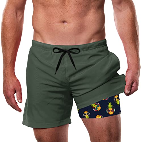 IDGREATIM Badehose Herren Bademode für Herren Badeshorts mit Kompression Ananas Druck Badehose Herren Kurz mit Tasche Swimming Shorts Men Dunkelgrün M von IDGREATIM