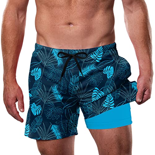 IDGREATIM Badehose Herren Badeshorts Herren Kurz Sommer Strand Shorts mit Kompression Badehose mit Kordelzug Tasche Sommer Hawaiianischer Blau XL von IDGREATIM