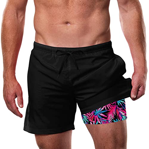 IDGREATIM Badehose Herren Badeshorts mit Kompressions Men Strand Shorts Laufende Schwimmen Beiläufige mit Einstellbare Kordelzug Schwarz L von IDGREATIM