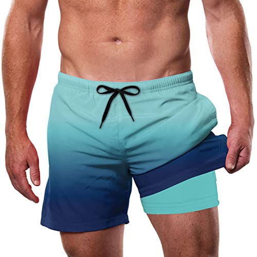 IDGREATIM Badehose Herren Kompressionsfutter Badeshorts Männer Strand Shorts Schwimmen Kurze mit Kordelzug Bademode Herren Lang Farbverlauf Blau XXL von IDGREATIM