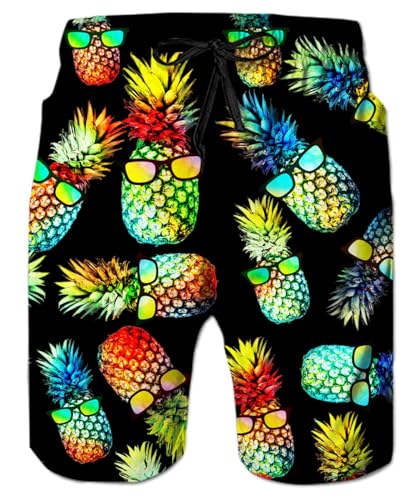 IDGREATIM Badehose Herren Schwarz Badeshorts Schnelltrocknende Boardshorts mit Mesh Verstellbarem Ananas-DruckTunnelzug XXL von IDGREATIM