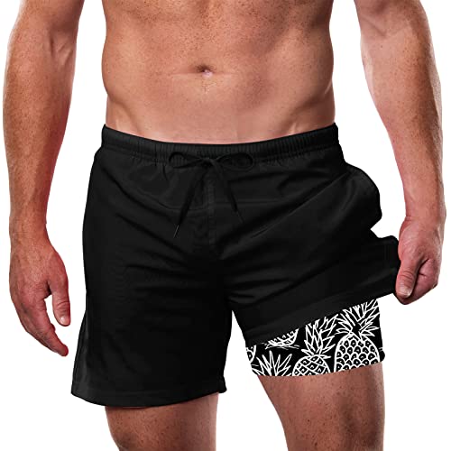 IDGREATIM Badehose Herren Shorts Badeshorts mit Einstellbare Kordelzug Bademode Herren Kurz Futter Ananasdruck Sommer Strand Shorts Badehose Schwarz XL von IDGREATIM