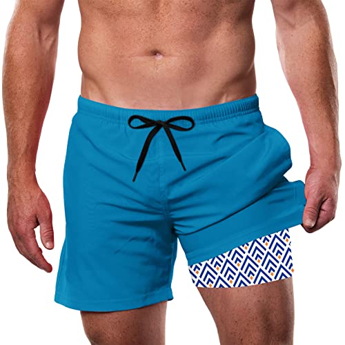 IDGREATIM Badehose Herren mit Kompression Badeshorts Männer Kurze Herren Bademode Strand Shorts Geometrischer Druck Schwimmhose mit Kordelzug Blau XXL von IDGREATIM