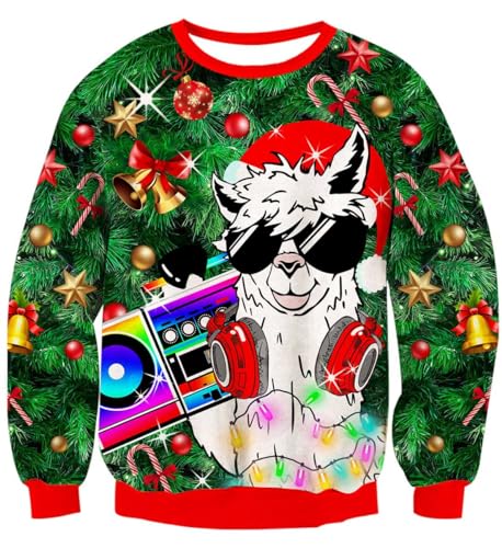 IDGREATIM Damen Christmas Sweater Alpaka Print Rundhalsausschnitt Pullover Langarm Hässliche Weihnachten Sweatshirts Grün L von IDGREATIM