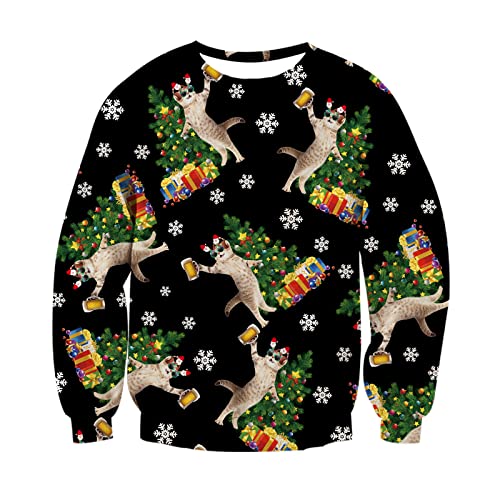 IDGREATIM Damen Christmas Sweater Cool Katze Print Rundhalsausschnitt Pullover Langarm Hässliche Weihnachten Sweatshirts Schwarz L von IDGREATIM