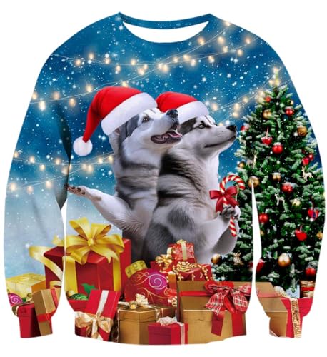 IDGREATIM Damen Christmas Sweater Hund Print Rundhalsausschnitt Pullover Langarm Hässliche Weihnachten Sweatshirts Blau L von IDGREATIM