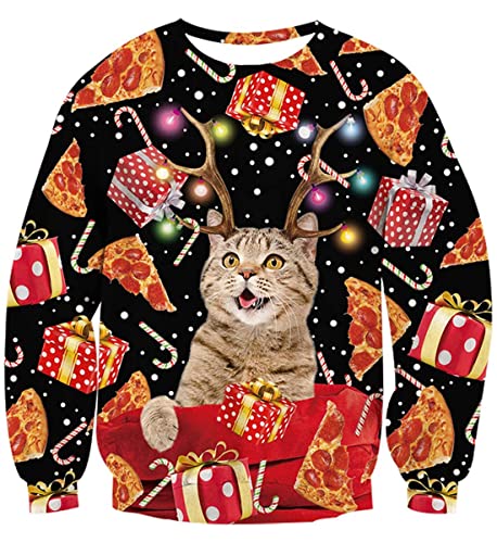 IDGREATIM Frauen Weihnachtspullover Lustige 3D Gedruckt Katze Crewneck Langarm Sweatshirts Hässliche Pullover für Weihnachten Schwarz M von IDGREATIM