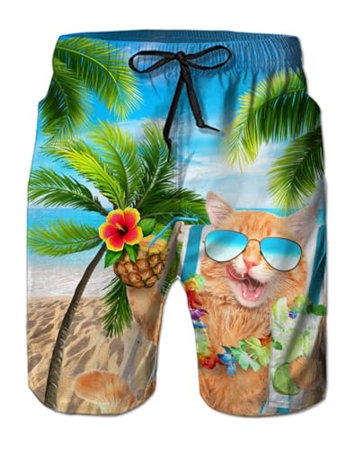 IDGREATIM Herren Badehose 3D Kokosnussbaum Katze Print lustige Lounge Hawaiian Style Strand Shorts mit Tasche Grün M von IDGREATIM