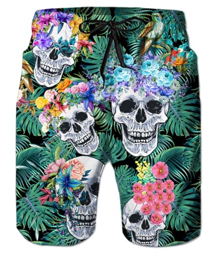 IDGREATIM Herren Badehose Blumen Lang Schnelltrocknend Totenkopf-Aufdruck Boardshorts Freizeit Short XL von IDGREATIM