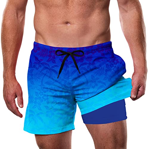 IDGREATIM Herren Badehose Kompressionsfutter Blumen Druck Badehose Herren Kurz mit Tasche Bademode für Herren Sommer Schwimmhose Farbverlauf Blau M von IDGREATIM