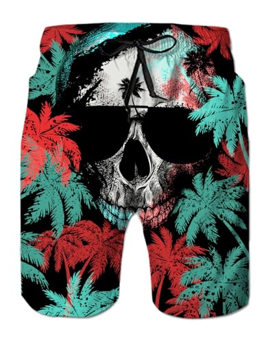 IDGREATIM Herren Bademode 3D Kokosnussbaum Schädel Grafik Shorts Badehose mit Einstellbare Kordelzug Hawaiian Style Sommer Strand Shorts Badehose XL von IDGREATIM